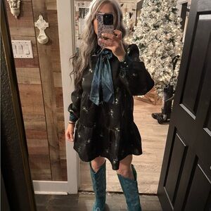 Festive jacquard dress with bow tie